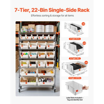 7-Tier Rolling Bin Storage Rack, 22 Organizer Bins, Bin Rack Storage Steel Wire Shelving System with Wheels, Mobile Tool Organizer for Garage, Warehouse, Office, Restaurant, Classroom, Kitchen