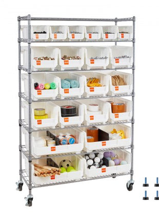 7-Tier Rolling Bin Storage Rack, 22 Organizer Bins, Bin Rack Storage Steel Wire Shelving System with Wheels, Mobile Tool Organizer for Garage, Warehouse, Office, Restaurant, Classroom, Kitchen