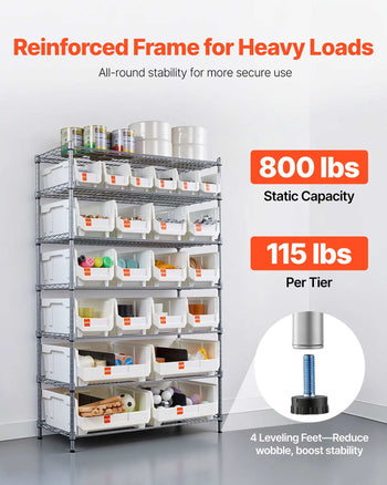 7-Tier Rolling Bin Storage Rack, 22 Organizer Bins, Bin Rack Storage Steel Wire Shelving System with Wheels, Mobile Tool Organizer for Garage, Warehouse, Office, Restaurant, Classroom, Kitchen