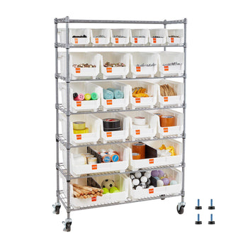 7-Tier Rolling Bin Storage Rack, 22 Organizer Bins, Bin Rack Storage Steel Wire Shelving System with Wheels, Mobile Tool Organizer for Garage, Warehouse, Office, Restaurant, Classroom, Kitchen