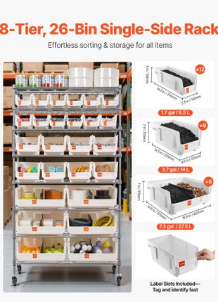 8-Tier Rolling Bin Storage Rack, 26 Organizer Bins, Bin Rack Storage Steel Wire Shelving System with Wheels, Mobile Tool Organizer for Garage, Warehouse, Office, Restaurant, Classroom, Kitchen