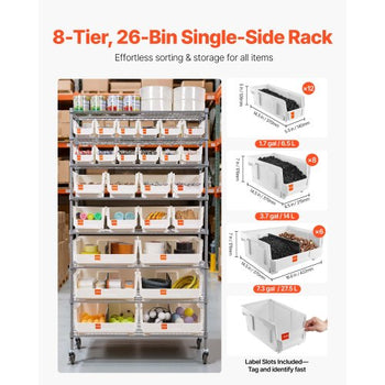 8-Tier Rolling Bin Storage Rack, 26 Organizer Bins, Bin Rack Storage Steel Wire Shelving System with Wheels, Mobile Tool Organizer for Garage, Warehouse, Office, Restaurant, Classroom, Kitchen