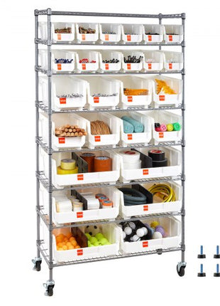 8-Tier Rolling Bin Storage Rack, 26 Organizer Bins, Bin Rack Storage Steel Wire Shelving System with Wheels, Mobile Tool Organizer for Garage, Warehouse, Office, Restaurant, Classroom, Kitchen