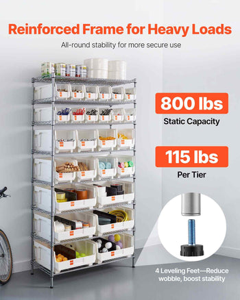 8-Tier Rolling Bin Storage Rack, 26 Organizer Bins, Bin Rack Storage Steel Wire Shelving System with Wheels, Mobile Tool Organizer for Garage, Warehouse, Office, Restaurant, Classroom, Kitchen