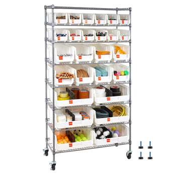 8-Tier Rolling Bin Storage Rack, 26 Organizer Bins, Bin Rack Storage Steel Wire Shelving System with Wheels, Mobile Tool Organizer for Garage, Warehouse, Office, Restaurant, Classroom, Kitchen