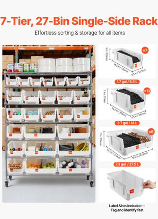 7-Tier Rolling Bin Storage Rack, 26 Organizer Bins, Bin Rack Storage Steel Wire Shelving System with Wheels, Mobile Tool Organizer for Garage, Warehouse, Office, Restaurant, Classroom, Kitchen