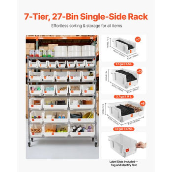7-Tier Rolling Bin Storage Rack, 26 Organizer Bins, Bin Rack Storage Steel Wire Shelving System with Wheels, Mobile Tool Organizer for Garage, Warehouse, Office, Restaurant, Classroom, Kitchen