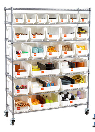 7-Tier Rolling Bin Storage Rack, 26 Organizer Bins, Bin Rack Storage Steel Wire Shelving System with Wheels, Mobile Tool Organizer for Garage, Warehouse, Office, Restaurant, Classroom, Kitchen