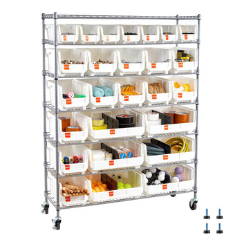 7-Tier Rolling Bin Storage Rack, 26 Organizer Bins, Bin Rack Storage Steel Wire Shelving System with Wheels, Mobile Tool Organizer for Garage, Warehouse, Office, Restaurant, Classroom, Kitchen