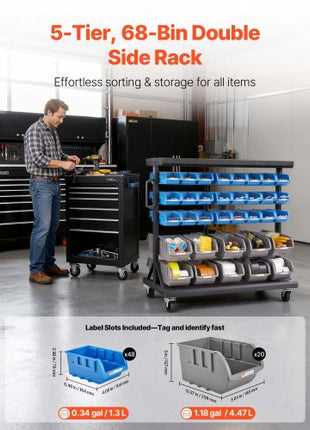 5-Tier Double-Sided Rolling Bin Storage Rack, 68 Organizer Bins, Dual-Sided Parts Organizer with Wheels, Mobile Tool Organizer Plastic Bins for Garage, Warehouse, Office, Restaurant, Classroom