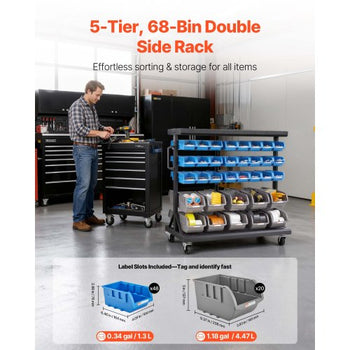5-Tier Double-Sided Rolling Bin Storage Rack, 68 Organizer Bins, Dual-Sided Parts Organizer with Wheels, Mobile Tool Organizer Plastic Bins for Garage, Warehouse, Office, Restaurant, Classroom