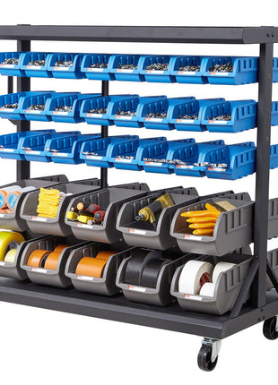 5-Tier Double-Sided Rolling Bin Storage Rack, 68 Plastic Bins, Dual-Sided Parts Organizer with Wheels, Mobile Tool Organizer for Garage, Warehouse, Office, Restaurant, Classroom, Kitchen