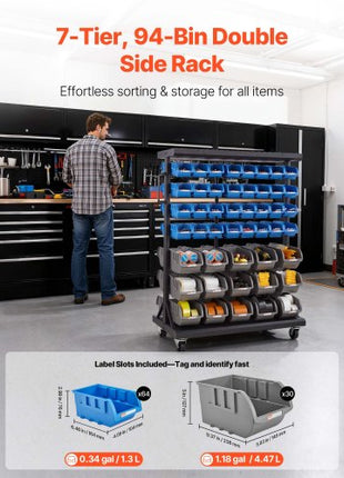 7-Tier Double-Sided Rolling Bin Storage Rack, 94 Plastic Bins, Dual-Sided Parts Organizer with Wheels, Mobile Tool Organizer for Garage, Warehouse, Office, Restaurant, Classroom, Kitchen