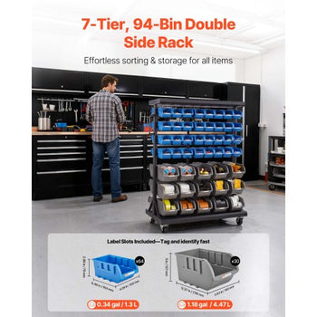 7-Tier Double-Sided Rolling Bin Storage Rack, 94 Plastic Bins, Dual-Sided Parts Organizer with Wheels, Mobile Tool Organizer for Garage, Warehouse, Office, Restaurant, Classroom, Kitchen