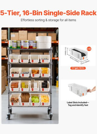 5-Tier Rolling Bin Storage Rack, 16 Organizer Bins, Bin Rack Storage Steel Wire Shelving System with Wheels, Mobile Tool Organizer for Garage, Warehouse, Office, Restaurant, Classroom, Kitchen
