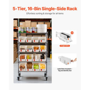 5-Tier Rolling Bin Storage Rack, 16 Organizer Bins, Bin Rack Storage Steel Wire Shelving System with Wheels, Mobile Tool Organizer for Garage, Warehouse, Office, Restaurant, Classroom, Kitchen