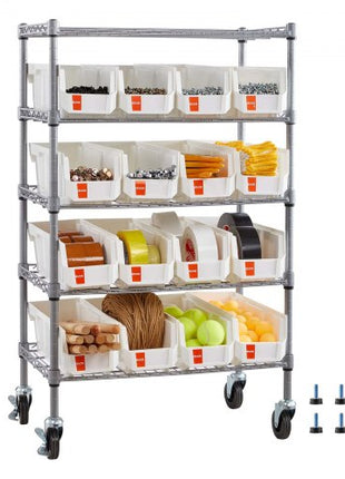 5-Tier Rolling Bin Storage Rack, 16 Organizer Bins, Bin Rack Storage Steel Wire Shelving System with Wheels, Mobile Tool Organizer for Garage, Warehouse, Office, Restaurant, Classroom, Kitchen