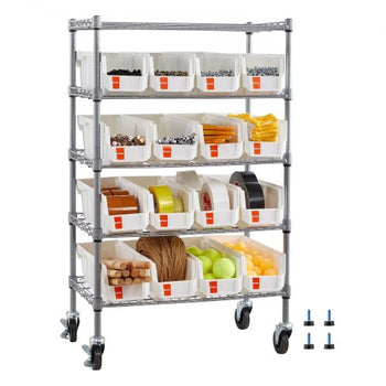 5-Tier Rolling Bin Storage Rack, 16 Organizer Bins, Bin Rack Storage Steel Wire Shelving System with Wheels, Mobile Tool Organizer for Garage, Warehouse, Office, Restaurant, Classroom, Kitchen