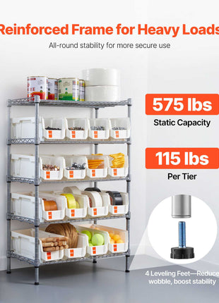 5-Tier Rolling Bin Storage Rack, 16 Organizer Bins, Bin Rack Storage Steel Wire Shelving System with Wheels, Mobile Tool Organizer for Garage, Warehouse, Office, Restaurant, Classroom, Kitchen