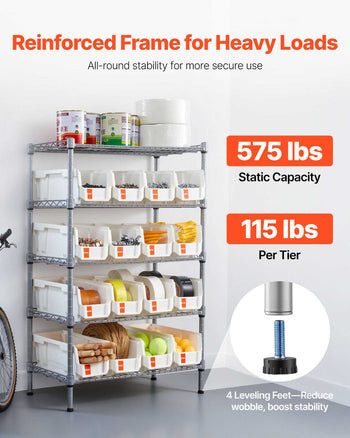 5-Tier Rolling Bin Storage Rack, 16 Organizer Bins, Bin Rack Storage Steel Wire Shelving System with Wheels, Mobile Tool Organizer for Garage, Warehouse, Office, Restaurant, Classroom, Kitchen