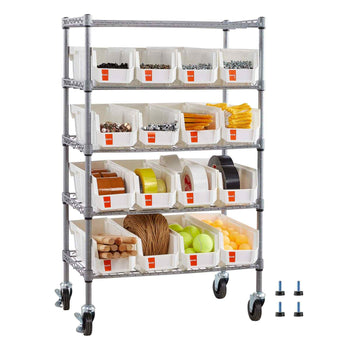 5-Tier Rolling Bin Storage Rack, 16 Organizer Bins, Bin Rack Storage Steel Wire Shelving System with Wheels, Mobile Tool Organizer for Garage, Warehouse, Office, Restaurant, Classroom, Kitchen
