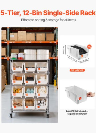 5-Tier Rolling Bin Storage Rack, 12 Organizer Bins, Bin Rack Storage Steel Wire Shelving System with Wheels, Mobile Tool Organizer for Garage, Warehouse, Office, Restaurant, Classroom, Kitchen
