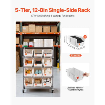 5-Tier Rolling Bin Storage Rack, 12 Organizer Bins, Bin Rack Storage Steel Wire Shelving System with Wheels, Mobile Tool Organizer for Garage, Warehouse, Office, Restaurant, Classroom, Kitchen