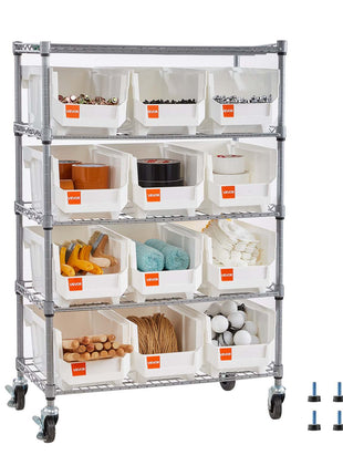 5-Tier Rolling Bin Storage Rack, 12 Organizer Bins, Bin Rack Storage Steel Wire Shelving System with Wheels, Mobile Tool Organizer for Garage, Warehouse, Office, Restaurant, Classroom, Kitchen