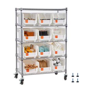 5-Tier Rolling Bin Storage Rack, 12 Organizer Bins, Bin Rack Storage Steel Wire Shelving System with Wheels, Mobile Tool Organizer for Garage, Warehouse, Office, Restaurant, Classroom, Kitchen
