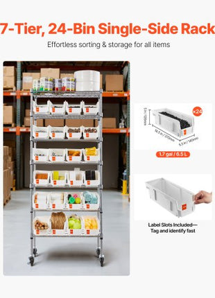 7-Tier Rolling Bin Storage Rack, 24 Small Bins, Bin Rack Storage Steel Wire Shelving System with Wheels, Mobile Tool Organizer for Garage, Warehouse, Office, Restaurant, Classroom, Kitchen