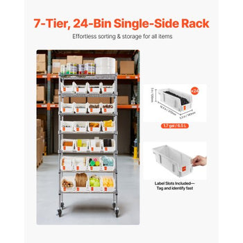 7-Tier Rolling Bin Storage Rack, 24 Small Bins, Bin Rack Storage Steel Wire Shelving System with Wheels, Mobile Tool Organizer for Garage, Warehouse, Office, Restaurant, Classroom, Kitchen