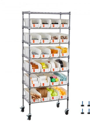 7-Tier Rolling Bin Storage Rack, 24 Small Bins, Bin Rack Storage Steel Wire Shelving System with Wheels, Mobile Tool Organizer for Garage, Warehouse, Office, Restaurant, Classroom, Kitchen