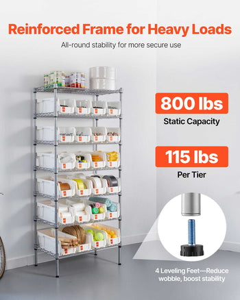 7-Tier Rolling Bin Storage Rack, 24 Small Bins, Bin Rack Storage Steel Wire Shelving System with Wheels, Mobile Tool Organizer for Garage, Warehouse, Office, Restaurant, Classroom, Kitchen