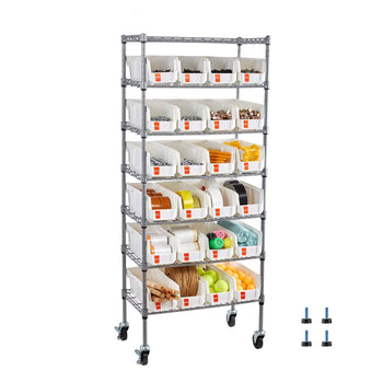 7-Tier Rolling Bin Storage Rack, 24 Small Bins, Bin Rack Storage Steel Wire Shelving System with Wheels, Mobile Tool Organizer for Garage, Warehouse, Office, Restaurant, Classroom, Kitchen