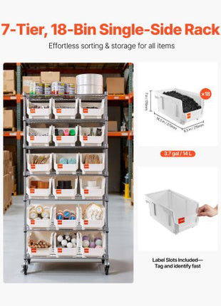 7-Tier Rolling Bin Storage Rack, 18 Organizer Bins, Bin Rack Storage Steel Wire Shelving System with Wheels, Mobile Tool Organizer for Garage, Warehouse, Office, Restaurant, Classroom, Kitchen