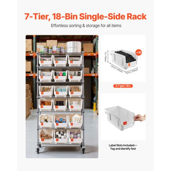 7-Tier Rolling Bin Storage Rack, 18 Organizer Bins, Bin Rack Storage Steel Wire Shelving System with Wheels, Mobile Tool Organizer for Garage, Warehouse, Office, Restaurant, Classroom, Kitchen