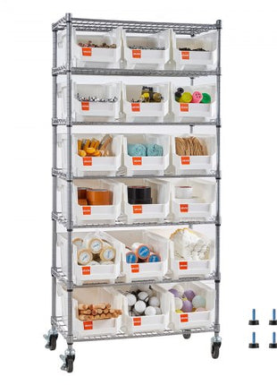 7-Tier Rolling Bin Storage Rack, 18 Organizer Bins, Bin Rack Storage Steel Wire Shelving System with Wheels, Mobile Tool Organizer for Garage, Warehouse, Office, Restaurant, Classroom, Kitchen