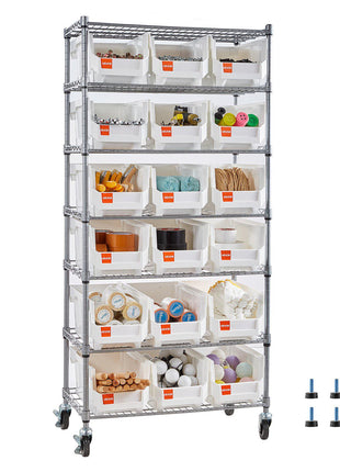 7-Tier Rolling Bin Storage Rack, 18 Organizer Bins, Bin Rack Storage Steel Wire Shelving System with Wheels, Mobile Tool Organizer for Garage, Warehouse, Office, Restaurant, Classroom, Kitchen