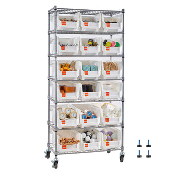 7-Tier Rolling Bin Storage Rack, 18 Organizer Bins, Bin Rack Storage Steel Wire Shelving System with Wheels, Mobile Tool Organizer for Garage, Warehouse, Office, Restaurant, Classroom, Kitchen