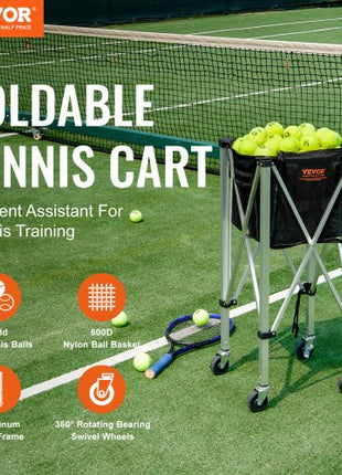 Foldable Tennis Ball Hopper, Holds 150 Tennis Balls, Lightweight Aluminum Alloy Tennis Ball Basket Cart with Wheels, Removable Bag, Carry Bag, Portable Sports Teaching Cart for Tennis Player