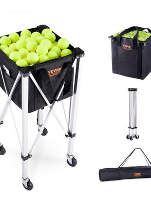 Foldable Tennis Ball Hopper, Holds 150 Tennis Balls, Lightweight Aluminum Alloy Tennis Ball Basket Cart with Wheels, Removable Bag, Carry Bag, Portable Sports Teaching Cart for Tennis Player