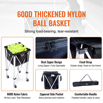 Foldable Tennis Ball Hopper, Holds 180 Tennis Balls, Lightweight Aluminum Alloy Tennis Ball Basket Cart with Wheels, Removable Bag, Carry Bag, Portable Sports Teaching Cart for Tennis Player