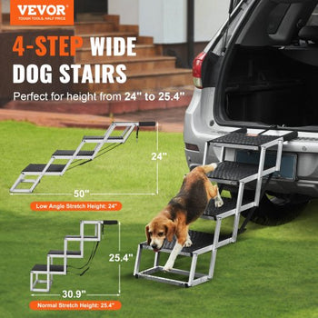 Dog Stair for Cars, Wide 4-step Dog Car Steps, Folding Dog Car Ramp with Nonslip Surface, Portable Pet Steps Lightweight Aluminum for Car, SUV and Truck, Supports up to 150 lbs