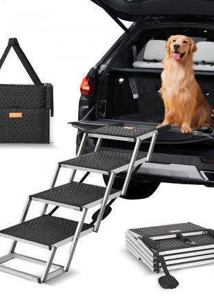 Dog Stair for Cars, Wide 4-step Dog Car Steps, Folding Dog Car Ramp with Nonslip Surface, Portable Pet Steps Lightweight Aluminum for Car, SUV and Truck, Supports up to 150 lbs