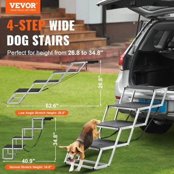 Dog Stair for Cars, Wide 4-step Dog Car Steps, Folding Dog Car Ramp with Nonslip Surface, Portable Pet Steps Lightweight Aluminum for Car, SUV and Truck, Supports up to 250 lbs