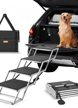 Dog Stair for Cars, Wide 4-step Dog Car Steps, Folding Dog Car Ramp with Nonslip Surface, Portable Pet Steps Lightweight Aluminum for Car, SUV and Truck, Supports up to 250 lbs