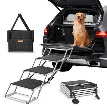 Dog Stair for Cars, Wide 4-step Dog Car Steps, Folding Dog Car Ramp with Nonslip Surface, Portable Pet Steps Lightweight Aluminum for Car, SUV and Truck, Supports up to 250 lbs