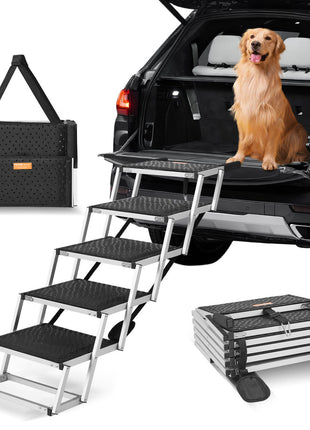 Dog Stair for Cars, Wide 5-step Dog Car Steps, Folding Dog Car Ramp with Nonslip Surface, Portable Pet Steps Lightweight Aluminum for Car, SUV and Truck, Supports up to 150 lbs