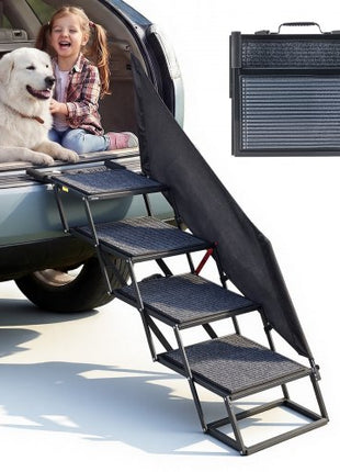 Dog Stairs for Car, 4 Steps Extra Wide Foldable Dog Ramp for Large Dogs with Non-Slip Rug Surface, Portable Lightweight Pet Ladder for Car, SUV, Truck, High Beds, Sofas, Support up to 400 lbs