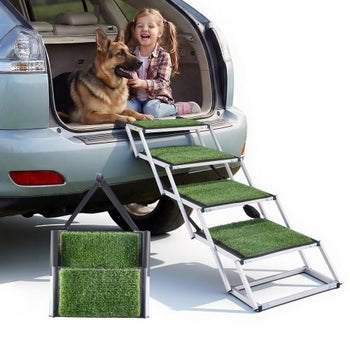 Dog Stairs for Car, 4 Steps Extra Wide Foldable Dog Ramp for Large Dogs with Non-Slip Surface, Portable Lightweight Pet Stairs Ladder for Car, SUV, Truck, High Bed, Sofa, Support up to 200 lbs